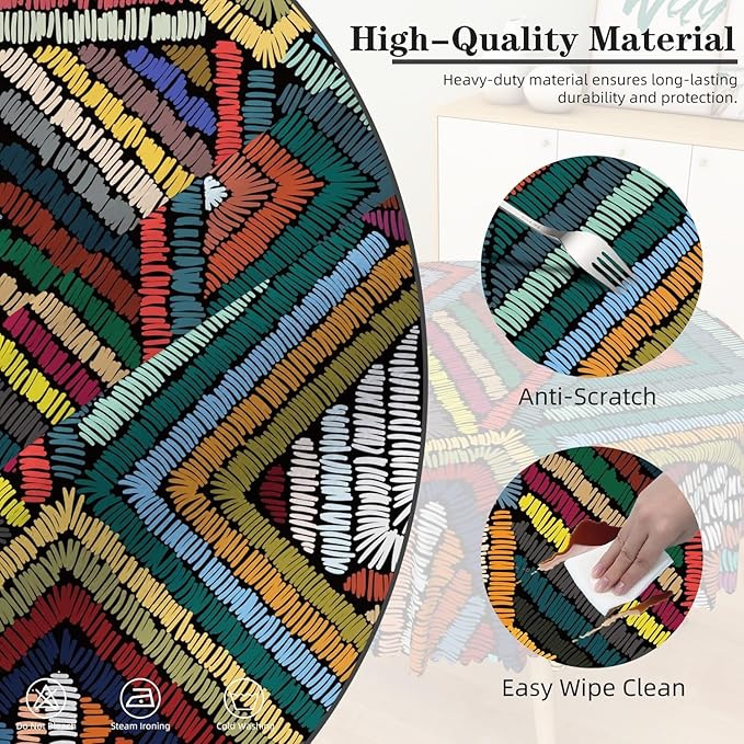 Laeacco 48 Inch Colorful Patchwork Round Tablecloth Woven Geometric Pattern Abstract Art Print Table Cloth Washable Waterproof Wrinkle Free Table Cover for Kitchen Dining Picnic Party Decoration