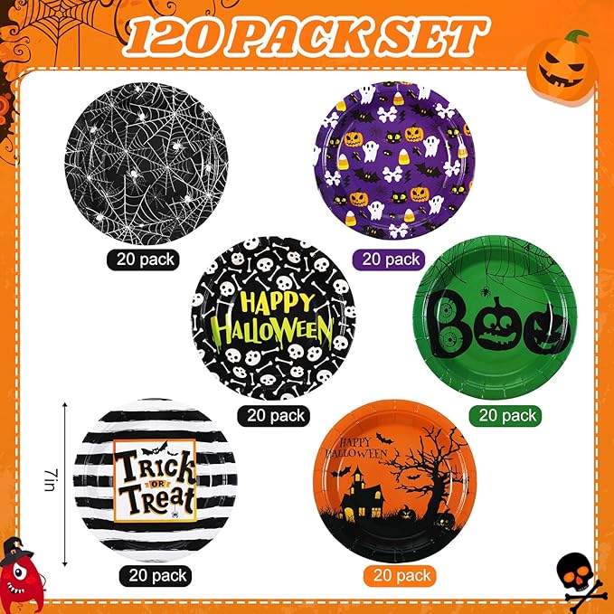 Umigy 120 Pcs Halloween Paper Plates 7 Inch Spider Web Party Plates, Pumpkin Spooky Disposable Tableware Supplies for Appetizer, Lunch, Dinner, Dessert