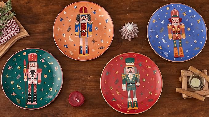Bico Christmas Soldier Salad Plates Set of 4, 8.75 Inch Ceramic Dessert Plates for Salad, Appetizer, Side Dishes, Microwave and Dishwasher Safe, Gift for Housewarming and Christmas