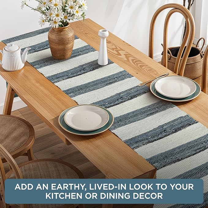 Perilla Home Chindi Table Runner Boho with Tassels 72 Inches Long Linen Cotton - Braided Rustic Farmhouse Fall Kitchen Dining Table Decoration for Party Wedding (Blue & White)