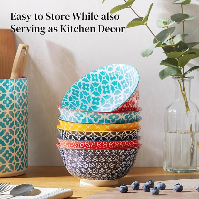 DOWAN Soup Bowls Set of 6, Cereal Bowls for Kitchen, 23 OZ Large Ceramic Bowl, Colorful Vibrant Patterned Porcelain Bowls for Kitchen Decor and Housewarming Gift, Dishwasher and Microwave Safe