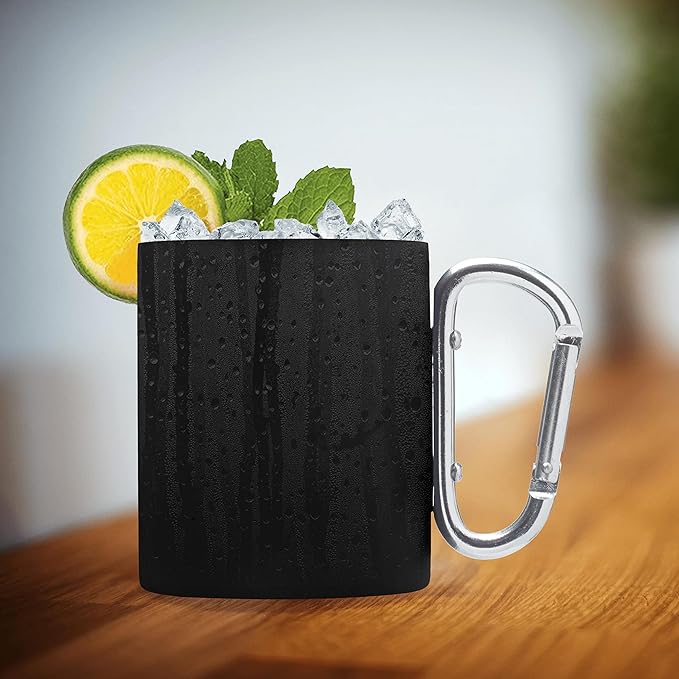 DISCOUNT PROMOS Stainless Steel Mugs with Carabiner Handle 10 oz. Set of 10, Bulk Pack - Perfect for Coffee, Soda, Other Hot & Cold Beverages - Black