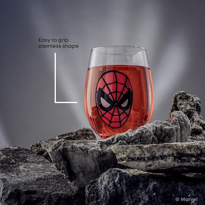JoyJolt Marvel Heroes Stemless Drinking Glasses, 19oz Superhero Cups ft Hulk Captain America Spiderman and Iron Man, Avengers Glassware Set of 4, Marvel Gifts for Men and Women