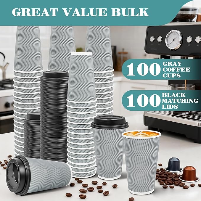 Ginkgo 100 Pack To Go Paper Coffee Cups With Lids, 16 oz Disposable Double-Walled Ripple Insulated Hot Cups for Hot Drinks, Lattes, Travel Cups, Large, Gray