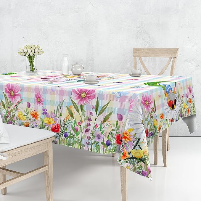 Spring Tablecloth, Rectangle 60 x 120 with Gnome Flowers, Oblong Tablecloth Buffalo Check Plaid Kitchen Table Cover for Dining Room Indoor Decor