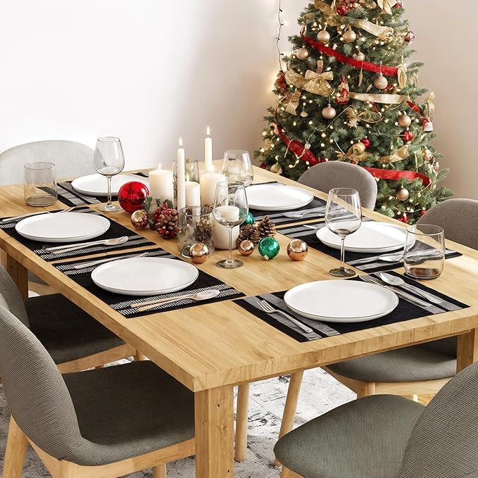 Encasa XO Dining Placemat Set of 6 | Ladder Black Color | Fine Ribbed Cotton Table mat | Size 18x13 in | Machine Washable
