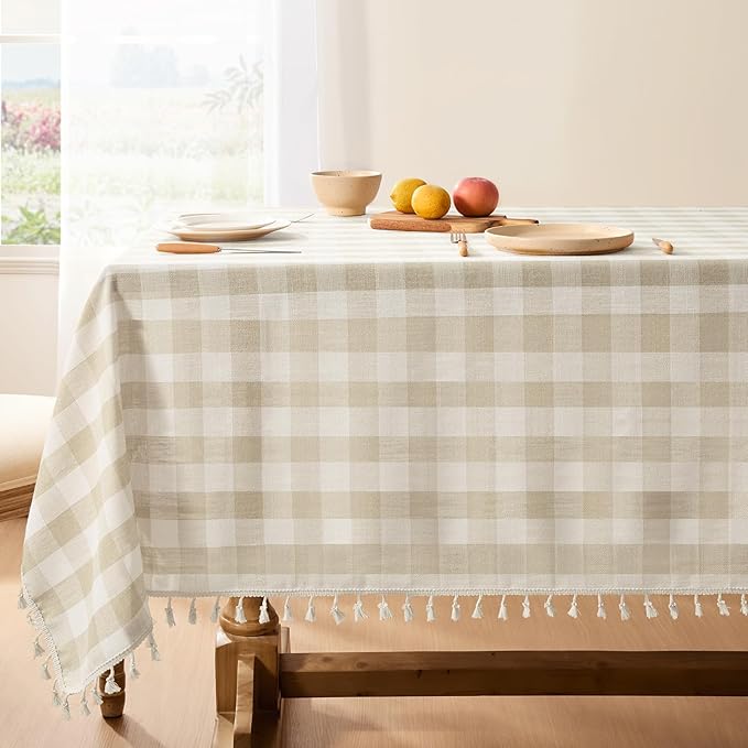 Softalker Checkered Tablecloth Rectangle, Outdoor Linen Cotton Gingham Table Cloth with Tassel, Heavy Duty Wrinkle Free Buffalo Plaid Table Cover for Kitchen Dining Home Party - 55 x 102 Inch, Beige