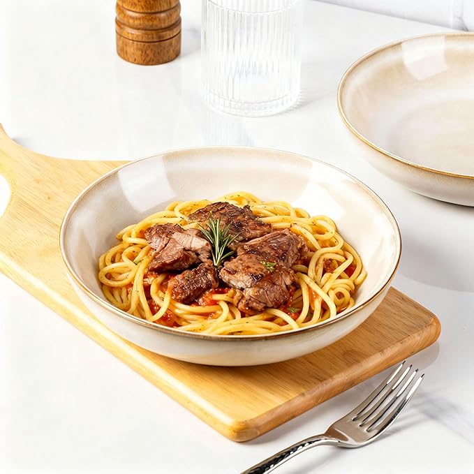 AmorArc 8.5'' Large Pasta Bowls, 36oz Ceramic Salad Serving Bowls Set of 6 for Kitchen, Wide Stoneware Bowls for Pasta,Salad,Fruit,Bread, Microwave Safe, Cappuccino