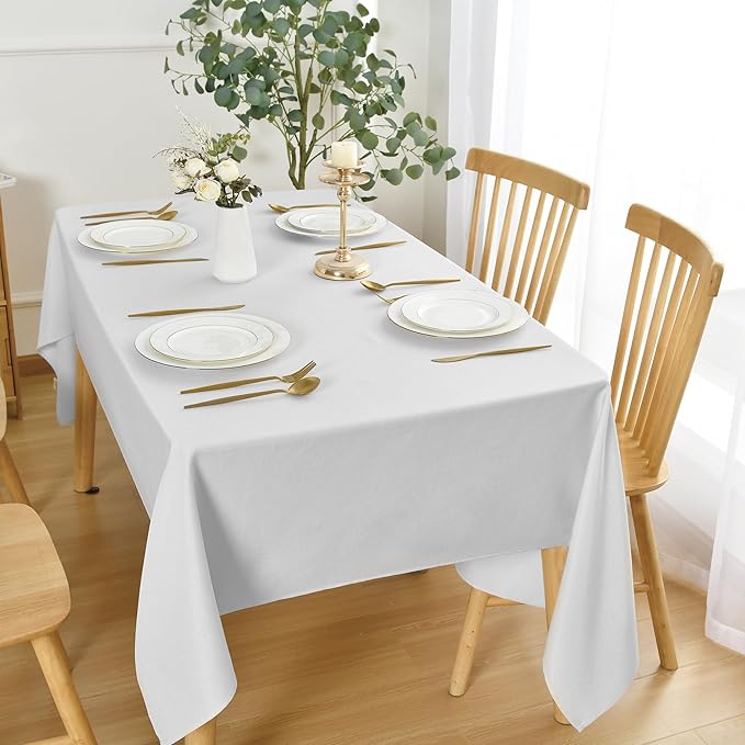JIUZHEN Faux Linen Farmhouse Tablecloth Rectangular, Wrinkle Stain Resistant Table Cloth Rectangle Table Cover for Kitchen Dining, Holiday Party Dinner, White, 54 x 120 Inch