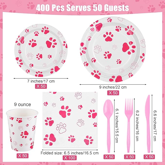 Kochorie 400 Pieces Pink Paw Disposable Party Tableware Sets Dog Puppy Supplies Including Plates Cups Napkins Cutlery Serves 50 for Birthday Puppy Theme Party Decorations