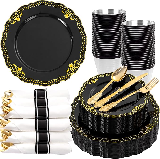 Ciaell 350 PCS Black Plastic Plates - Black and Gold Plates - Black Disposable Plates Include 100 Disposable Plate, 150 Heavy Duty Silverware, 50 Cups, 50 Napkins for Wedding & Party
