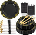 Ciaell 350 PCS Black Plastic Plates - Black and Gold Plates - Black Disposable Plates Include 100 Disposable Plate, 150 Heavy Duty Silverware, 50 Cups, 50 Napkins for Wedding & Party
