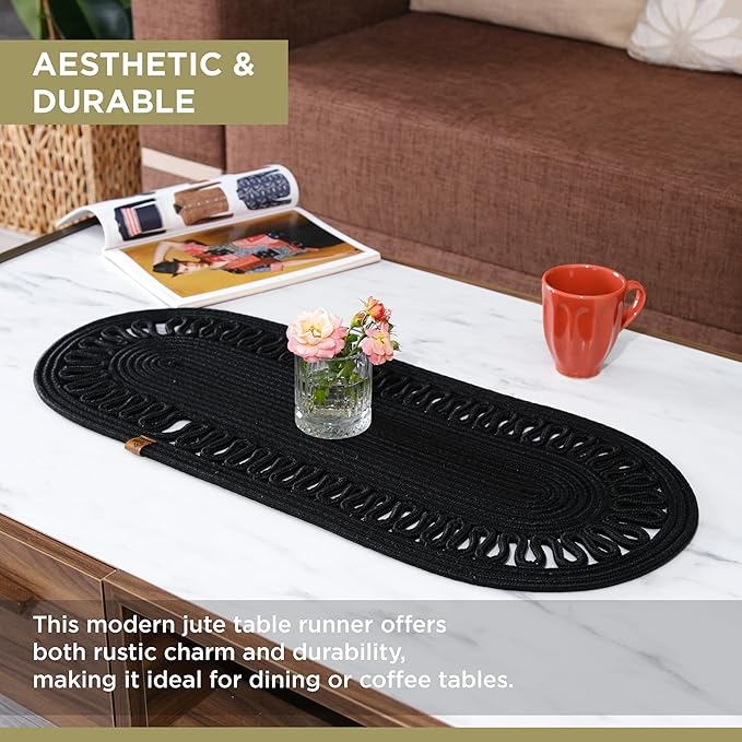 Oval Jute Table Runner | Woven Braided Dining Runner | Natural Textured Rattan Table Runner for Dining Table Coffee Table or Patio 11.8 x 27.5 (Black)