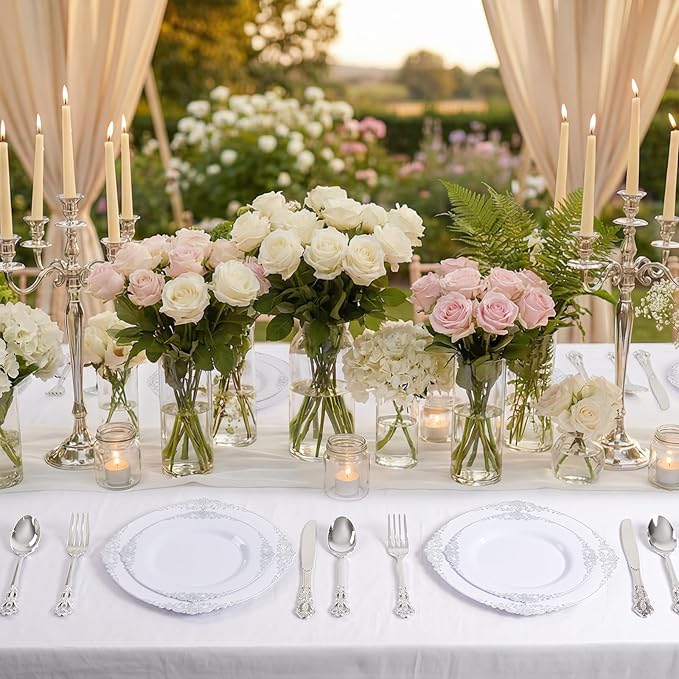 102PCS White and Silver Plastic Plates - Heavyweight Silver Plate - Wedding Plate with Silver Rim - Fancy Dinner & Dessert Plates for 51 Guests Weddings & Parties