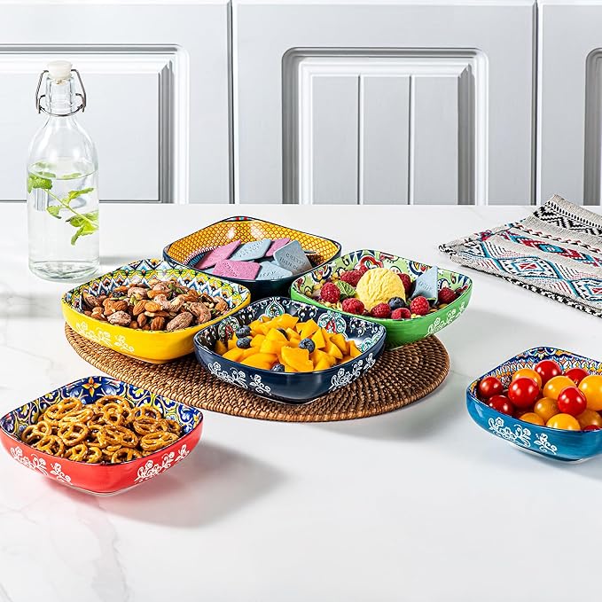 HENXFEN LEAD Boho Ceramic Square Bowls – 20 oz Colorful Bowls for Snacks, Dessert, Side Dishes, Pasta - 6 Inches Appetizer Plates Set of 6, Microwave & Dishwasher Safe