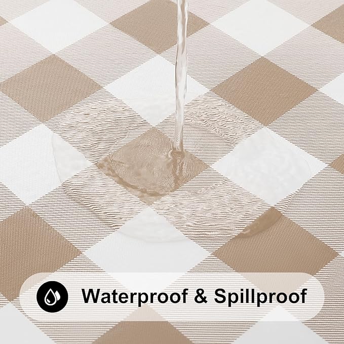 Smiry Rectangle Picnic Table Cloth, Elastic Waterproof Fitted Vinyl Tablecloths, Flannel Backed Buffalo Plaid Table Covers for Dining, Camping, Outdoor (White and Khaki, 36" x 96")