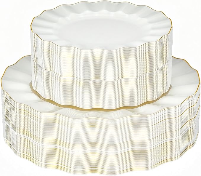 120PCS Ivory White Plastic Plates, Heavy Duty Disposable Party Plate with Gold Rim, Fancy 60 Dinner & 60 Dessert Plates for Parties and Wedding