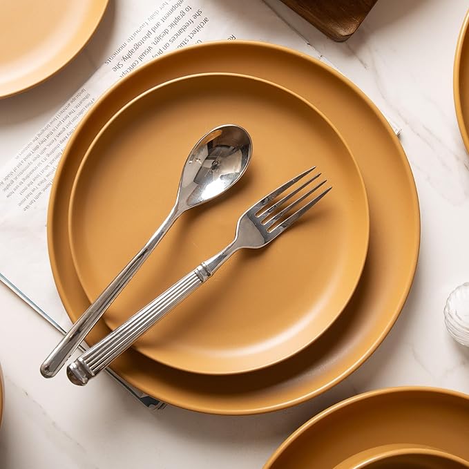 12-Piece Stoneware Dinnerware Set with Mugs | Microwave and Dishwasher Friendly | Stackable Matte Glaze Plates & Bowls | Service for 3 (Orange for 4)
