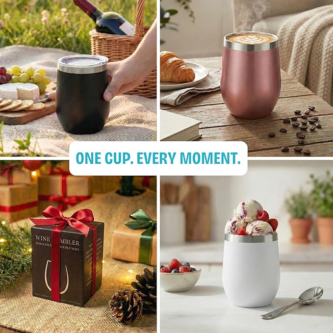 CHILLOUT LIFE 12 oz Stainless Steel Wine Tumbler with Lid - Double Wall Vacuum Insulated Wine Cup Glass Keeping Cold & Hot for Coffee, Champagne, Cocktails, Ice Cream