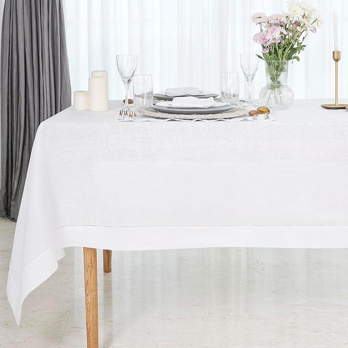 D'Moksha Homes White Linen Tablecloth for Rectangle Tables 60 x 90 Inch - 100% Pure Linen White Table Cloth - Classic Hemstitch, Machine Washable Tablecloth for Valentines, Spring, Easter