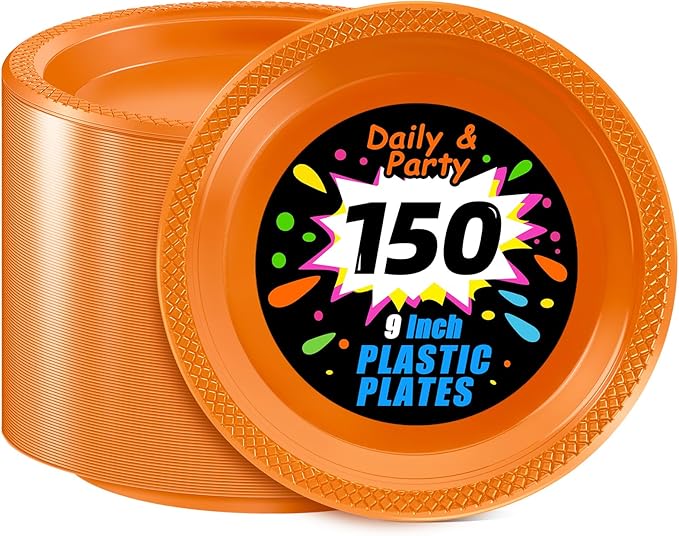 WELLIFE Orange Party Plates 9 Inch -150 Count, Plastic Disposable Dinner Plates for Party Easter Picnic BBQ Wedding Engagement Birthday