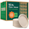 100% Compostable Paper Plates 10 Inch Bulk [500 Count] Heavy-Duty Dinner Plates - Natural Brown Color Unbleached Bagasse - Eco-Friendly Disposable Biodegradable Sugarcane Plates - [Case 4/125 Pack]