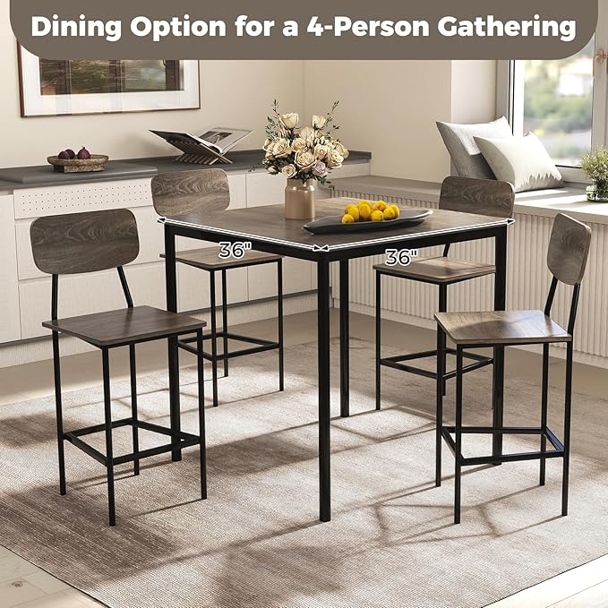COSTWAY Dining Table Set for 4, 5-Piece Square Kitchen Nook Dinette Set with 4 Bar Stools with Footrest, Backrest, Space-Saving Design, Industrial Kitchen Table and Chairs for Apartment, Grey
