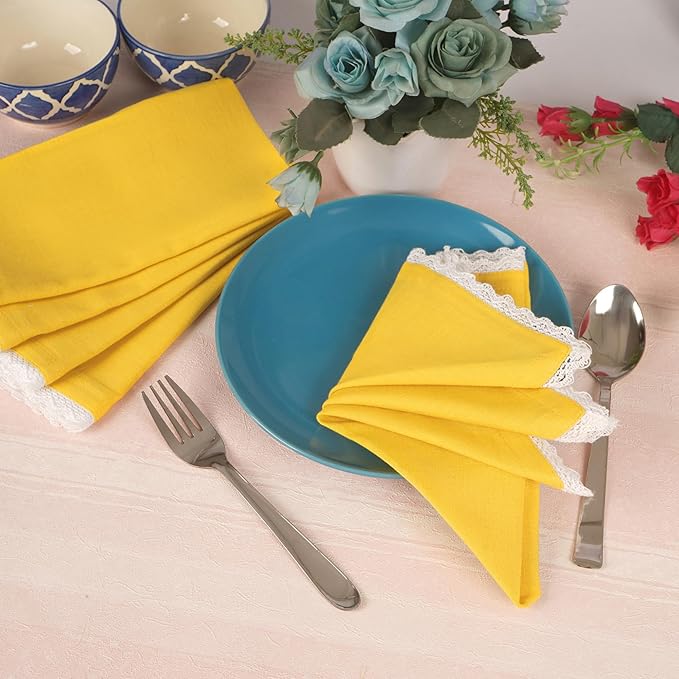 Fingercraft Dinner Cloth Napkin Cotton Linen Set of 12 Mitered Corners with Natural Elegant Lace for Everyday Use Napkins are Pre Shrunk and Good Absorbency with Lace 20x20 in Lemon