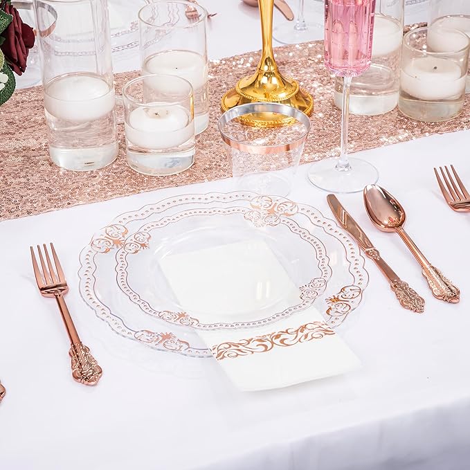 Ciaell 175 PCS Rose and Gold Plastic Plates - Fancy Rose Gold Disposable Dinnerware Set with of 50 Plates, 25 Knives, 25 Forks, 25 Spoons, 25 Cups, 25 Napkins for Wedding & Party