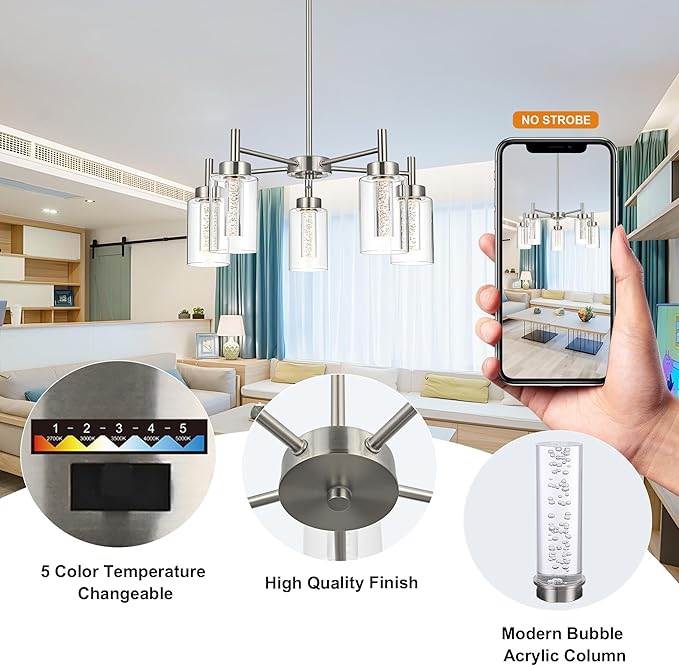 VINLUZ LED 5 Light Modern Chandeliers for Dining Room,Brushed Nickel Finish Hanging Lighting Fixture with Crystal Bubble Clear Glass Shade Kitchen Island for Hanging