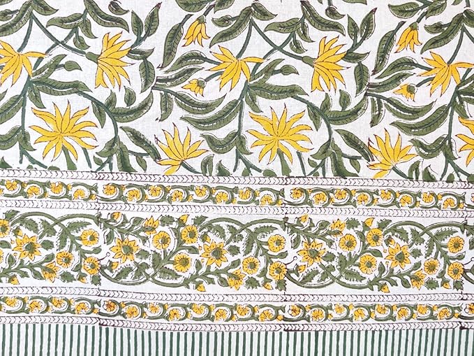 ATOSII 'Noor' 100% Cotton Boho Rectangle Tablecloth, Handblock Floral Print Linen Table Cloth for Dining Table I Tabletop I Parties/Outdoor I Wedding I Spring/Summer (60" X 108")