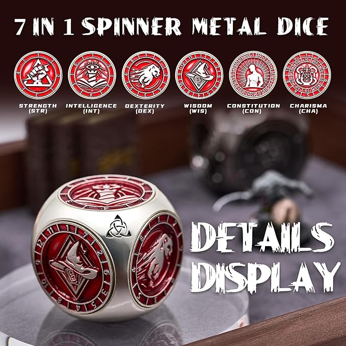 DND Spinner Dice,HNCCESG 7 in 1 Unique Metal Dice Set with Stat Engraving for Dungeons and Dragons Gifts, Polyhedral Role Playing Game Dice(Matte Red)