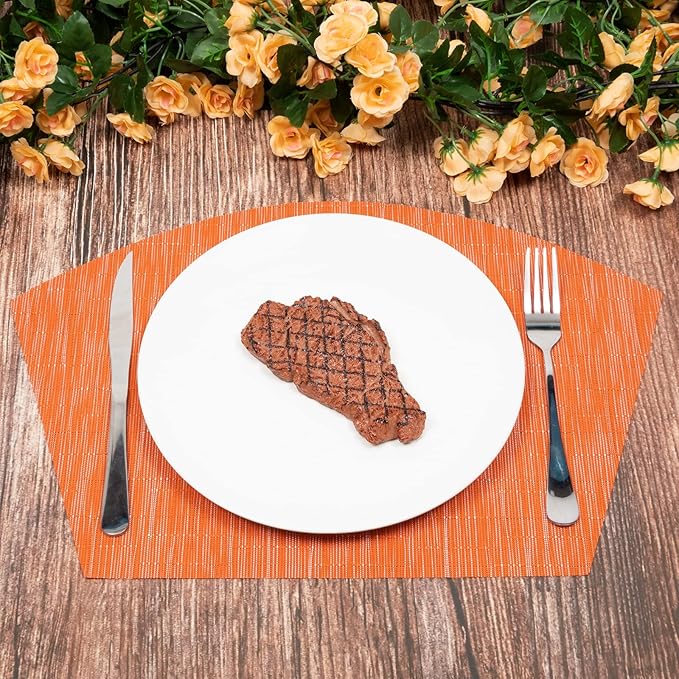 SHACOS Round Table Placemats Set of 5 Woven Vinyl Wedge Placemats with Centerpiece Round Table Mats Heat Resistant Wipe Clean (5, Orange)