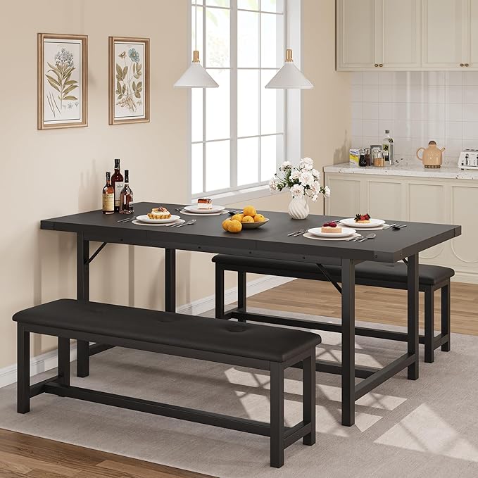 IDEALHOUSE 3-Piece Dining Table Set for 4-6 People, 63" Large Extendable Kitchen Table Set w 2 Soft Benches, Easy Assembly, Space Saving for Apartment, Small Space, Black