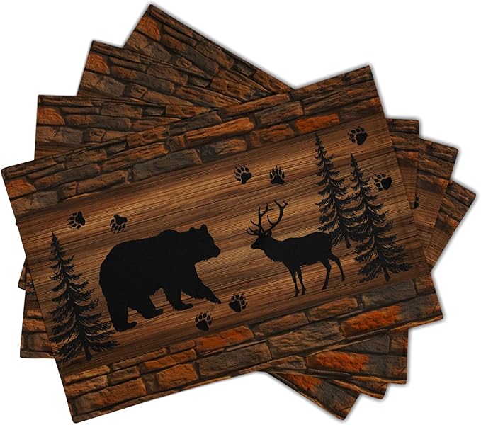 Rustic Placemats - Brown Cabin Bear Place Mats Set of 4 Country Moose Wooden Tablemats 12x18 for Dining Kitchen Farmhouse