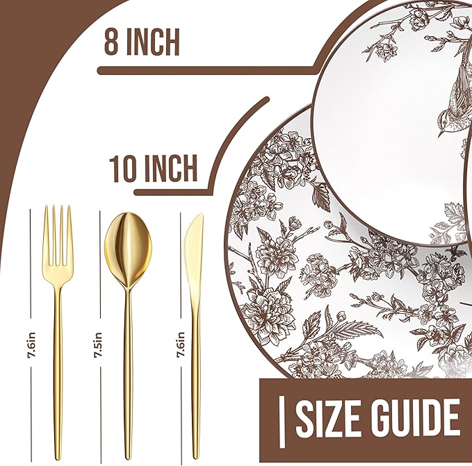 Trendables Fancy Plastic Dinnerware Sets 100 Pc Set 20 Guests Gold Silverware Disposable 20 X 10 Inch Charger Plates 20 X 8 Inch Dessert Plates 20 x Gold Plastic Forks and Spoons Knives In Rustik