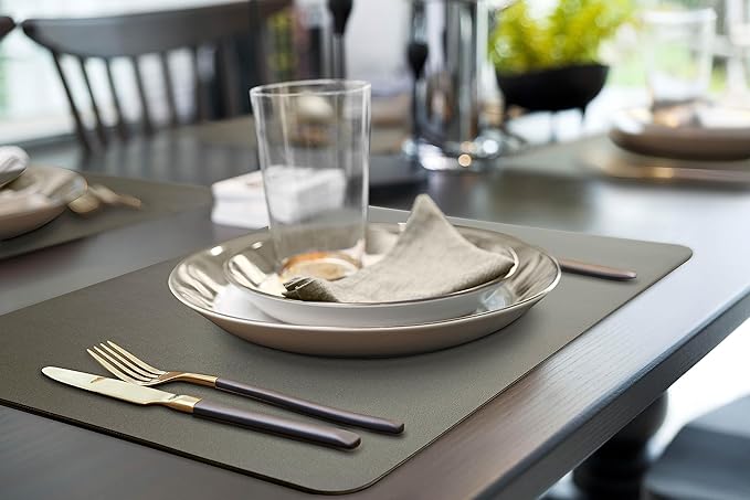 More Décor Faux Leather Placemats Set of 6 for Dining Table – Waterproof, Wipeable, Washable, Stain & Heat Resistant, Non-Slip Table Mats – 12 X 17 Inch, (Solid Dark Grey, 6)