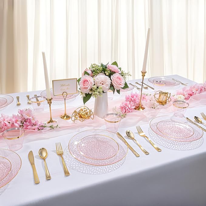 DaYammi 60PCS Pink Gold Plastic Plates - 10 inch Pink Plastic Dinner Plates - Hammer Pattern Design - Fancy Clear and Gold Disposable Plates Ideal for Mother's Day