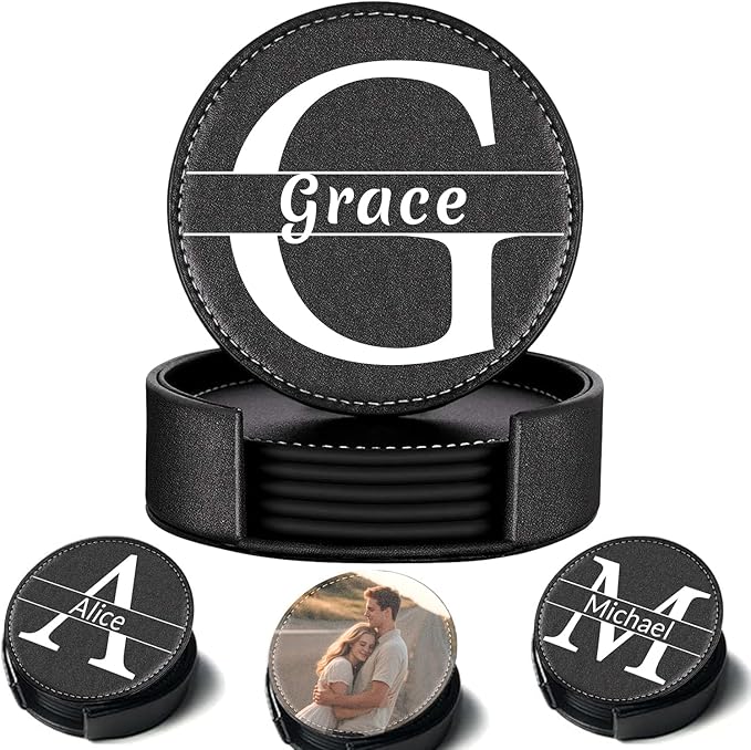 Custom Leather Coaster, Personalized Set of 6 Coasters for Drinks with Holder, DIY Logo Name Image, Durable, Non-Slip, Waterproof Leather Coaster for Home, Office, Bar, Cup Housewarming