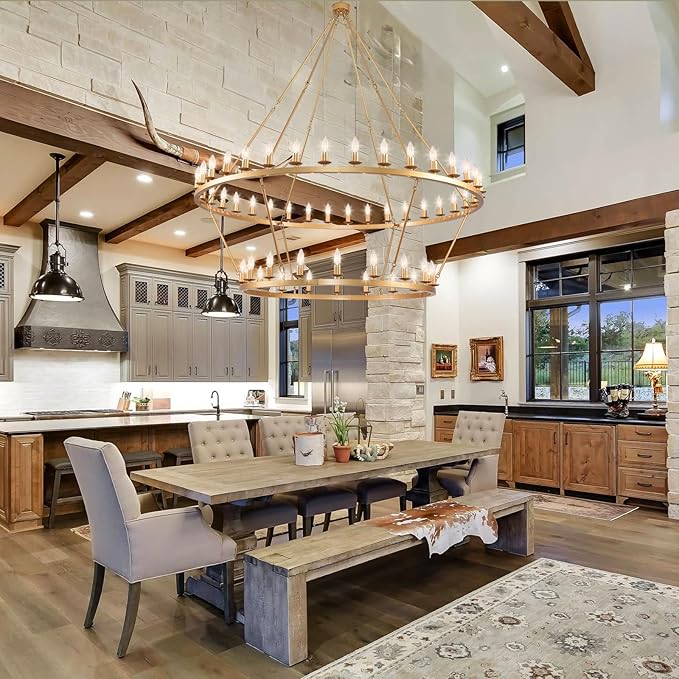 60 Inch Gold Extra Large Wagon Wheel Chandelier, 2 Tier 54-Lights Farmhouse Industrial Round High Ceiling Pendant Light Adjustable Chain, for Dining Room, Living Room