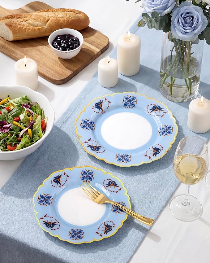 Morejoy 60Pcs Plastic Disposable Plates Set - Blue Plastic Plates Featuring Blue & Orange Floral Design With Gradient Gold Rim. Includes 30 Dinner Plates & 30 Dessert Plates, Perfect for Wedding,Party