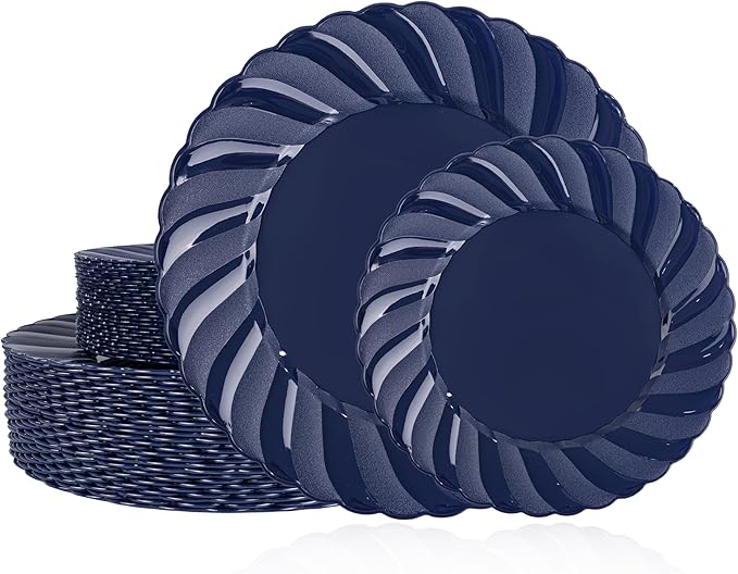 U-QE 60 Pcs Blue Plastic Plates for Party – Scalloped Blue Plates Disposable Heavy Duty – Include 30 10.25" Dinner & 30 7.25" Dessert Plate - Perfect for Parties, Weddings
