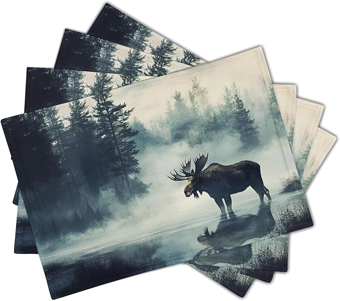 Fall Placemats Set of 4 - Moose Place Mat 12x18 Inch Autumn Forest Placemats Wildlife Table Mat for Party Kitchen
