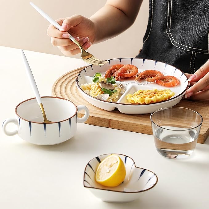 8" Dinner Plate Set, 3-Piece, Compartmentalized Ceramic Plates for Breakfast, Salad, Portion Control and Weight Loss