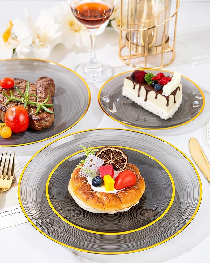 Morejoy 100Pcs Black Plastic Plates,Black Disposable Plates With Gold Rim,Heavy-duty Gold Plate, Modern swirl design Plate Include 50Clear Dessert-plates,50Dinner-plates for Party,New Year
