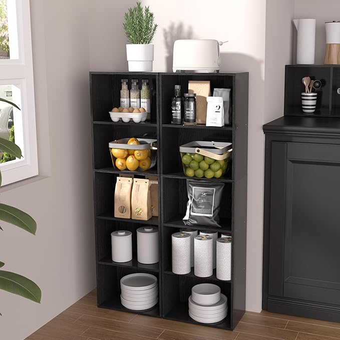 Wooden 5 Cube Storage Organizer, Black 5 Tier Bookcase Bookshelf Freestanding Storage Display Organizer, Versatile Cubes Open Shelf and Cubby Unit for Living Room, Home Office, Dinning Room 15.7inch