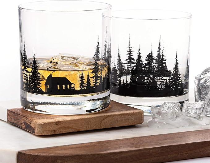 Black Lantern Cabin in the Forest Whiskey Glass Set – 11oz Old Fashioned Rocks Tumblers with Cabin & Pine Tree Design | Hand-Printed Heavy-Base Barware for Bourbon, Scotch & Cocktails (Set of 2)