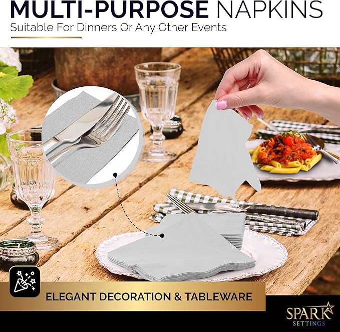 Cocktail Napkins Disposable, Silver Beverage Napkins Soft and Absorbent Paper Napkins for Dinner, Party, Wedding, Or Every Day Use, 7” x 7” 2 Ply Party Napkins, Pack of 40 - By Amcrate