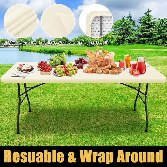 Smiry Rectangle Picnic Table Cloth, Waterproof Elastic Fitted Tablecloths for 5 Foot Tables, Washable Polyester Table Cover for Camping, Indoor and Outdoor (Beige, 30"x60")