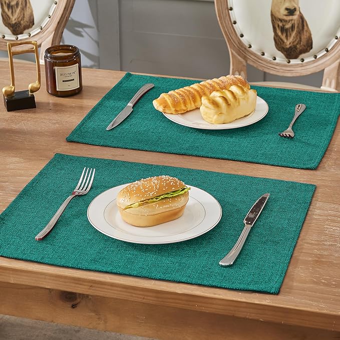 BALCONY & FALCON Placemats Set of 6 Faux Linen Cloth Place Mats Washable Waterproof Wrinkle Resistant Table Placemats for Dining Kitchen Farmhouse Indoor & Outdoor Use(Teal, 13.8”x 17.7”
